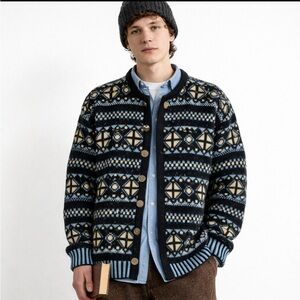 Demetre Vintage Men’s Pure Virgin Wool Cardigan Sweater Blue Black Cream Large